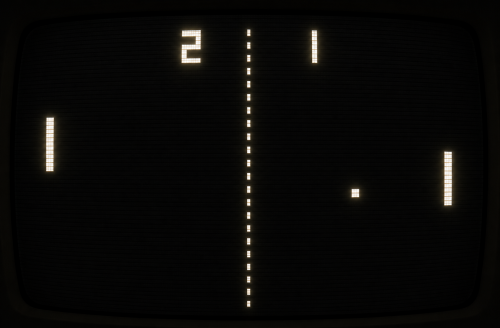 Original pixel-art impression of an early Pong match on a CRT screen