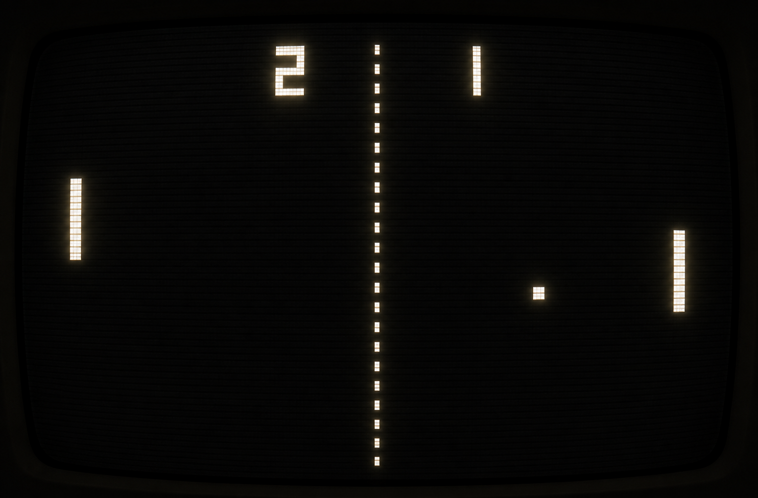 Eigen pixel-art impressie van een vroege Pong-wedstrijd op een CRT-scherm