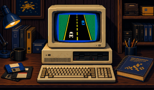 8-bit impression of an early IBM PC running a simple CGA game