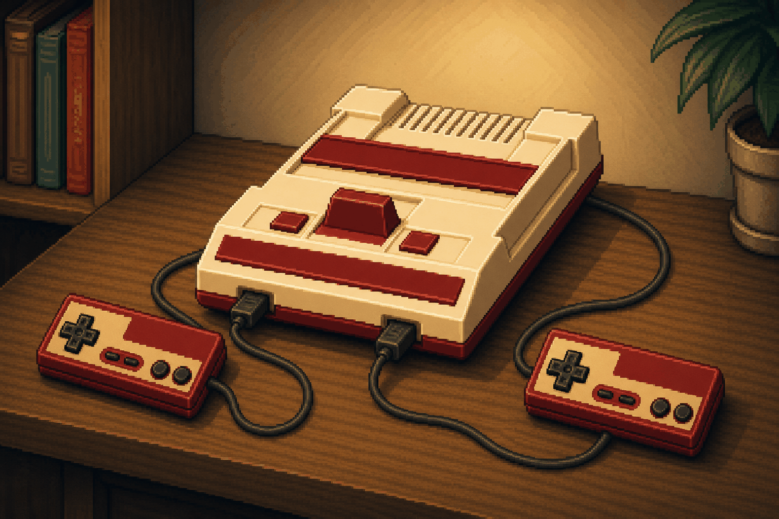 8-bit afbeelding van een Nintendo Famicom met twee identieke controllers
