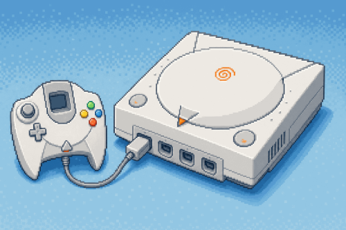 8-bit afbeelding van een SEGA Dreamcast met controller