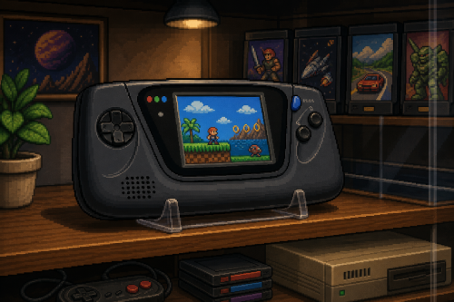 8-bit image of a SEGA Game Gear in a display-like setting