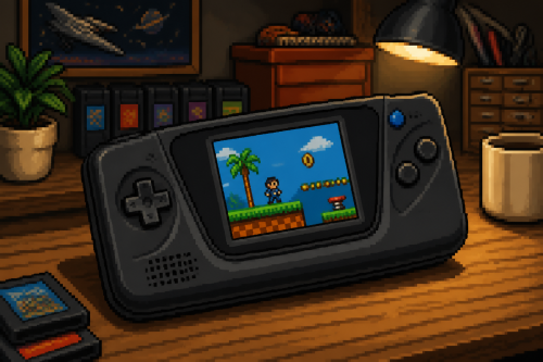 8-bit impressie van een SEGA Game Gear op een retro bureau