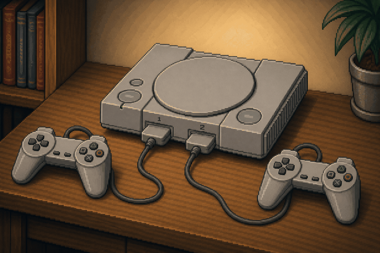 8-bit afbeelding van een originele Sony PlayStation met twee identieke controllers
